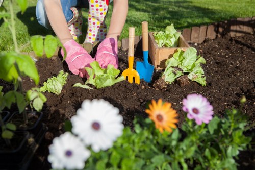 In a garden setting within a residential outdoor space, there is a rectangular flower bed bordered by bricks containing freshly turned soil and young green lettuce plants. A pair of children's hands wearing pink gardening gloves are visible, actively planting or weeding among the lettuce. In the foreground, there are colorful flowers, including white, orange, and purple blooms, providing vibrancy against the darker soil. To the left, a small dark plastic pot is partially visible. Additionally, several small gardening tools with wooden handles, such as a trowel and a fork, are planted upright in the soil, indicating recent planting activity. The background features a lush, well-maintained grass lawn with bright sunlight illuminating the scene, suggesting a clear day, ideal for outdoor gardening activities. This image reflects typical gardening tasks, such as planting and soil preparation, within a welcoming home garden, aligning with lawn care and outdoor maintenance services offered by Landscapers Ealing, serving the local area including the postal code inferred from the page title associated with Ealing, London.