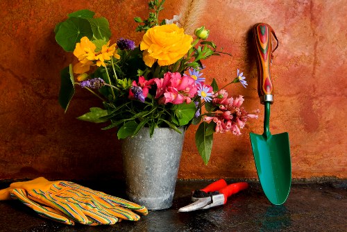 A close-up view of a garden workspace featuring a concrete pot filled with a vibrant assortment of flowers, including yellow, pink, and purple blooms, set against an orange-brown wall. The pot is placed on a dark surface, with gardening tools nearby: a small green-handled trowel with a wooden handle, a pair of pruning shears, and a pair of colorful striped gardening gloves. To the side, there is a pair of bright red gardening shears. The scene suggests outdoor gardening activity, with a focus on flower arrangement or planting, and the tools indicate active gardening maintenance, typical for a landscaped garden area in Ealing or the surroundingWest London region. The natural light illuminates the scene, emphasizing the vivid colours of the flowers and tools, reflecting a well-maintained gardening environment suitable for professional exterior landscape and gardening services by Landscapers Ealing.