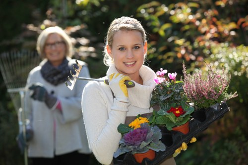 A young woman with blonde hair and wearing a cream sweater and gardening gloves holds a black tray filled with various flowering plants, including brightly coloured primulas and heathers, in a well-maintained garden during daylight. Behind her, an older woman with glasses and a scarf appears slightly blurred, standing among lush green trees and shrubs that display hints of autumnal red and orange foliage. The garden features a cleared lawn area with dense plant borders, and a few pink-flowered plants are visible near the woman. The scene is illuminated by natural sunlight, highlighting the vibrant colours of the plants and the greenery surrounding the outdoor space. This setting demonstrates typical gardening activities and garden design elements that Landscapers Ealing may provide, emphasizing professional gardening and outdoor maintenance in a suburban garden environment near Ealing, London.